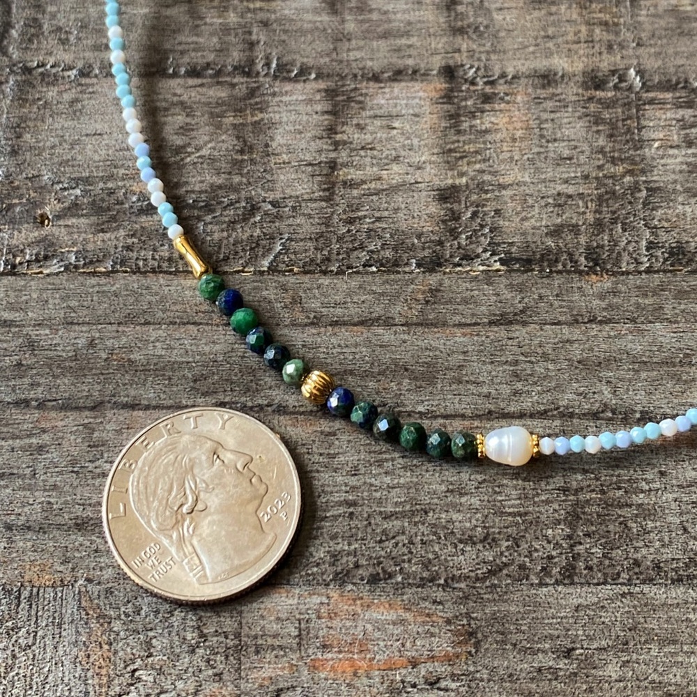 NEW Delicate Green Malachite and Opal Beaded Necklace with Gold Accents - Picture 8 of 9